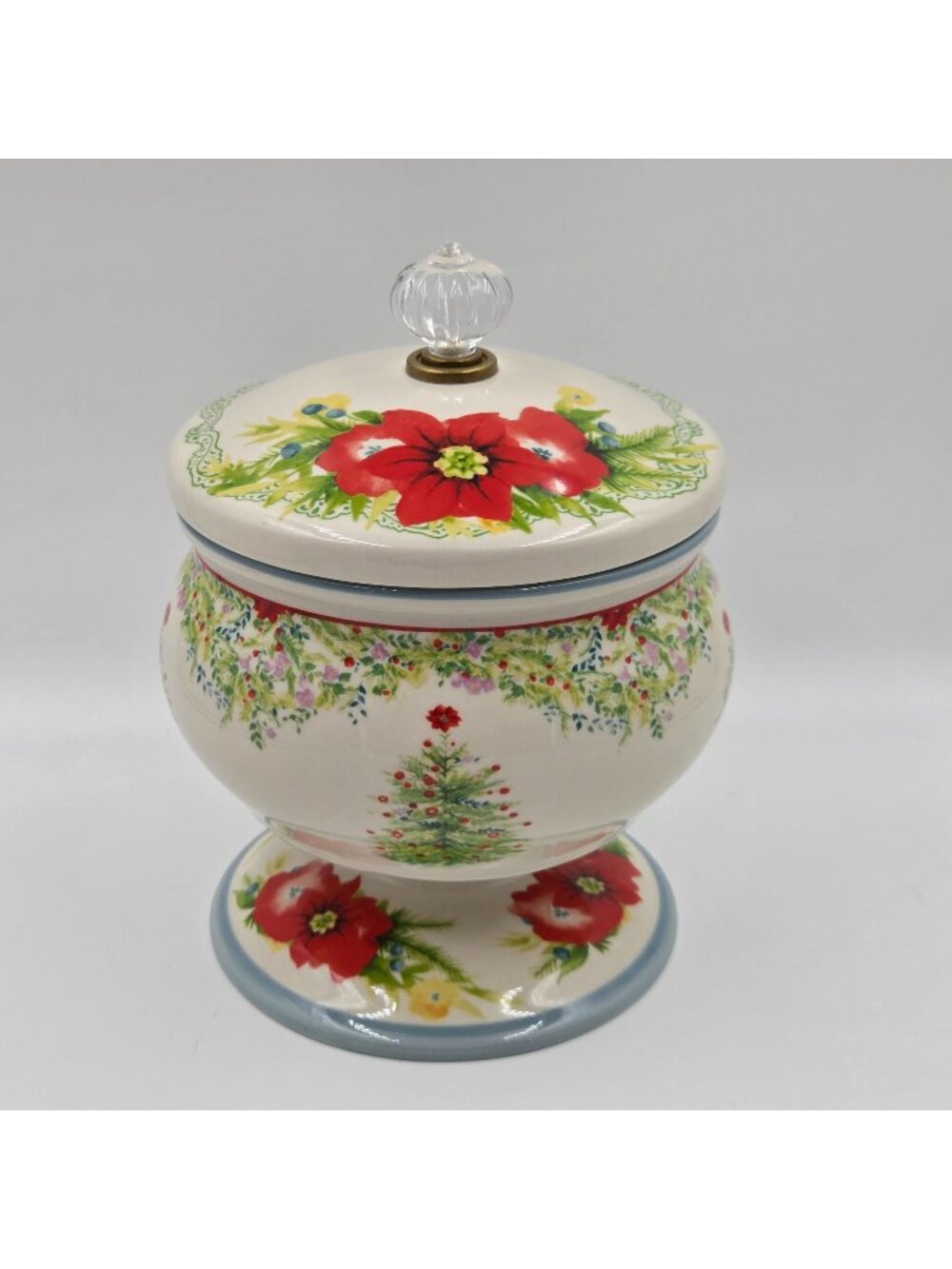 Pioneer Woman Holiday Cheer Pedestal Candy Dish Foliage Accents Red Poinsettias